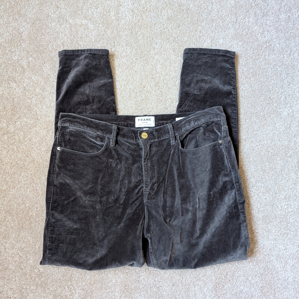 Frame Denim Le High Skinny Gray Charcoal Velour Velveteen Pants Jeans